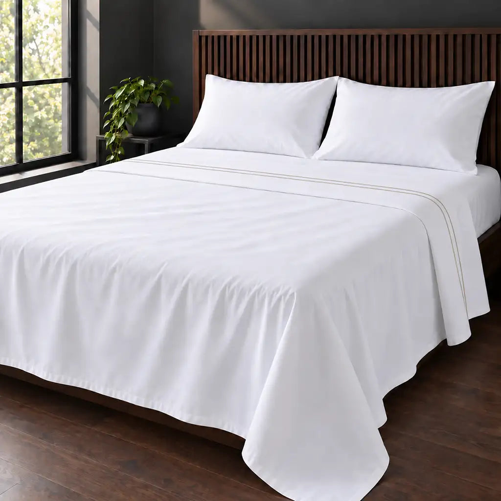 white cotton percale 200tc flat sheet, two row stone satin stitch — hero — Linen and Co