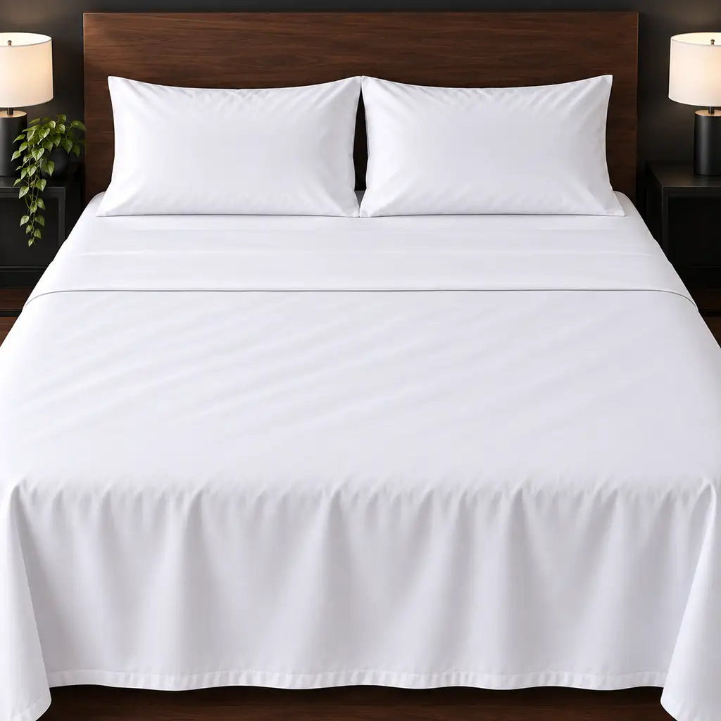 white cotton percale 300tc flat sheet, plain no satin stitch — hero — Linen and Co