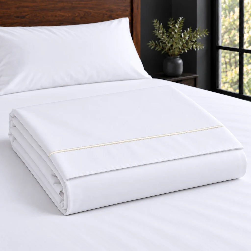 white cotton percale 300tc flat sheet, one row cream satin stitch — construction — Linen and Co