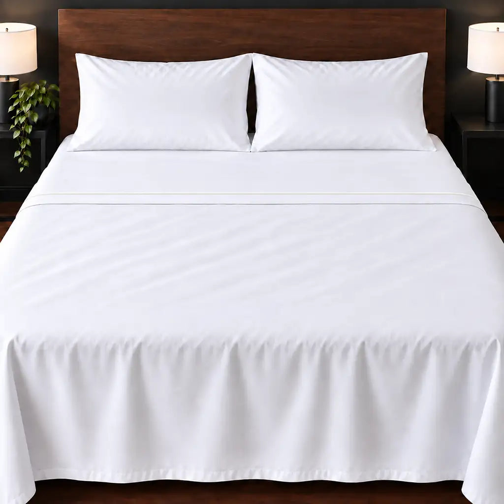 white cotton percale 300tc flat sheet, one row cream satin stitch — hero — Linen and Co