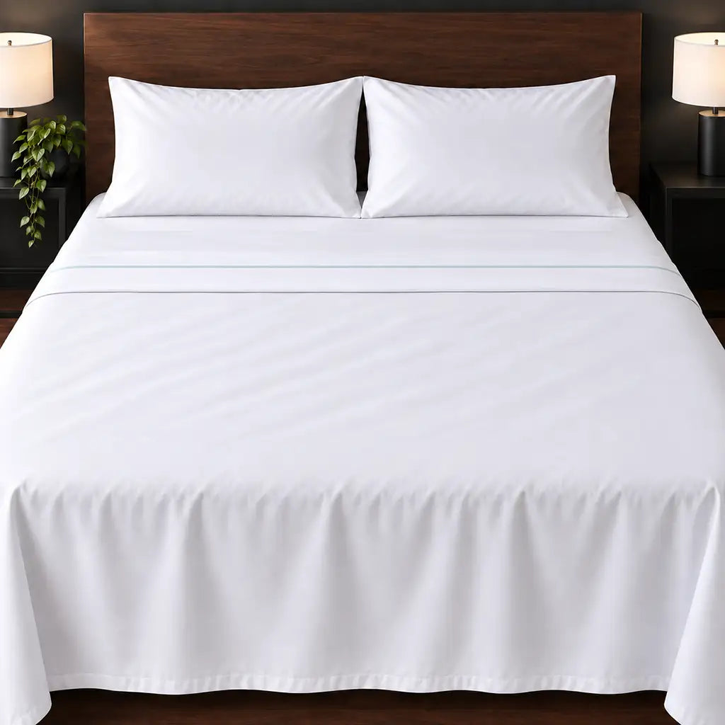 white cotton percale 300tc flat sheet, one row duck egg satin stitch — hero — Linen and Co