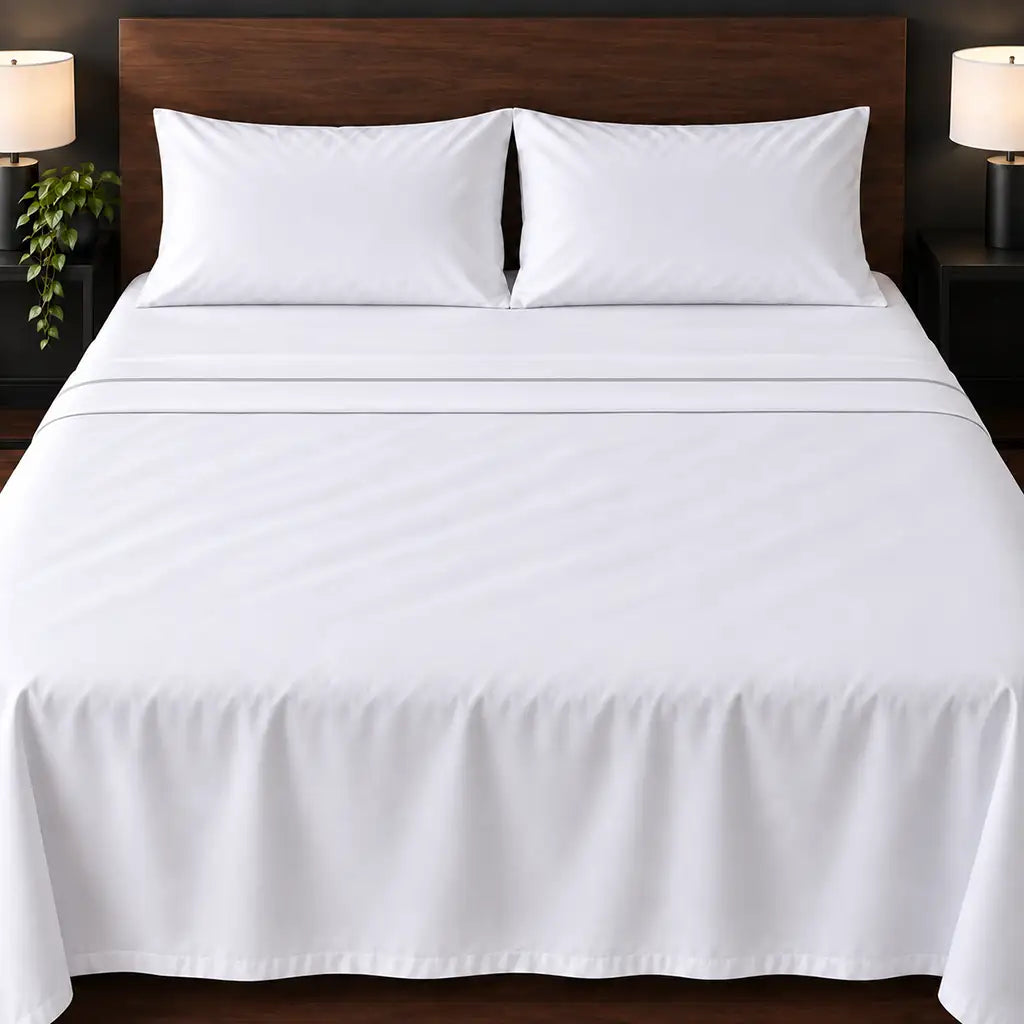 white cotton percale 300tc flat sheet, one row grey satin stitch — hero — Linen and Co