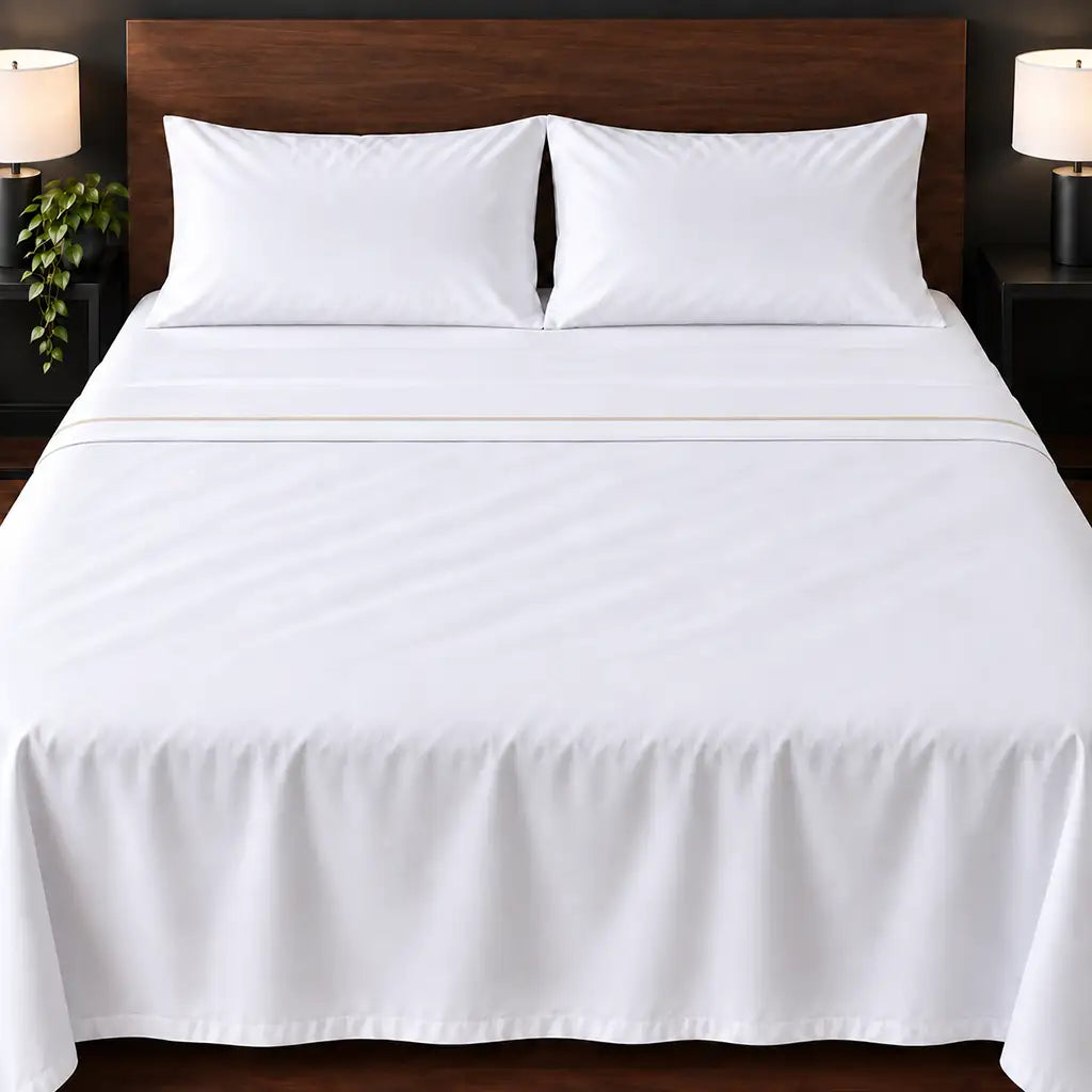 white cotton percale 300tc flat sheet, one row stone satin stitch — hero — Linen and Co