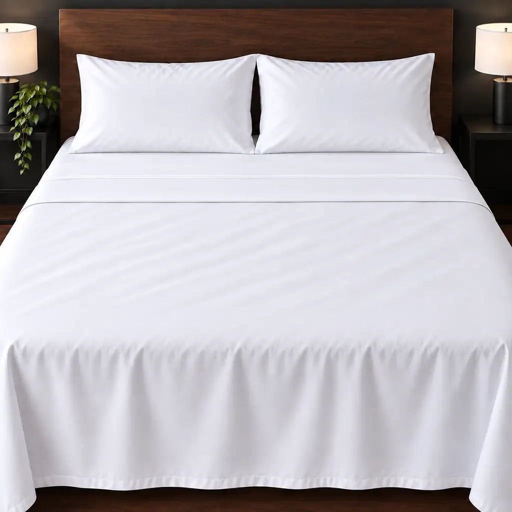 white cotton percale 300tc flat sheet, one row white satin stitch — hero — Linen and Co