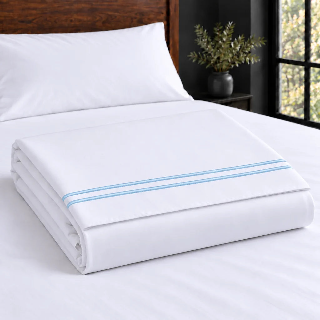 white cotton percale 300tc flat sheet, two row duck egg satin stitch — construction — Linen and Co