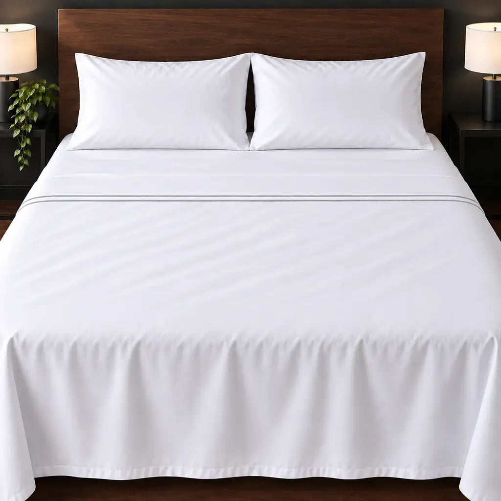 white cotton percale 300tc flat sheet, two row grey satin stitch — hero — Linen and Co