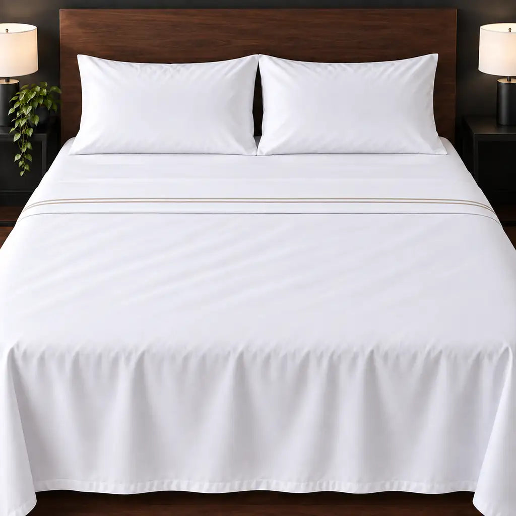white cotton percale 300tc flat sheet, two row stone satin stitch — hero — Linen and Co