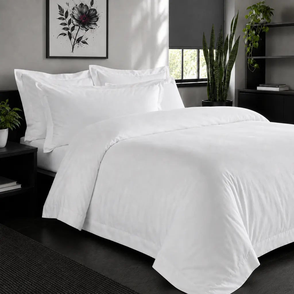 White Cotton 300TC Oxford duvet cover set with no satin stitch — alternate lifestyle view — Linen & Co
