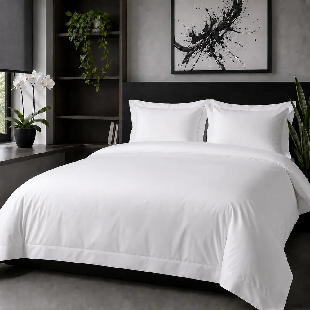 White Cotton 300TC Oxford duvet cover set with no satin stitch — hero view — Linen & Co