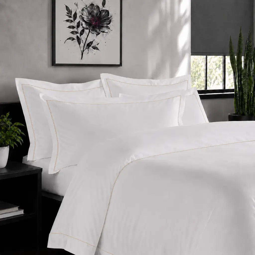 White Cotton 300TC Oxford duvet cover set with one row stone satin stitch — alternate lifestyle view — Linen & Co