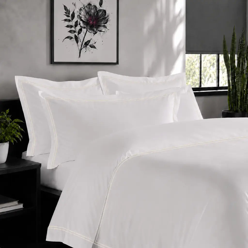White Cotton 300TC Oxford duvet cover set with two row cream satin stitch — alternate lifestyle view — Linen & Co