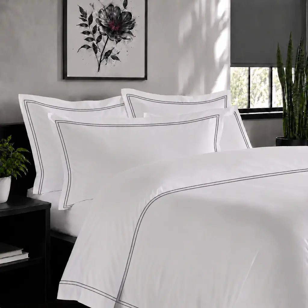 White Cotton 300TC Oxford duvet cover set with two row grey satin stitch — alternate lifestyle view — Linen & Co