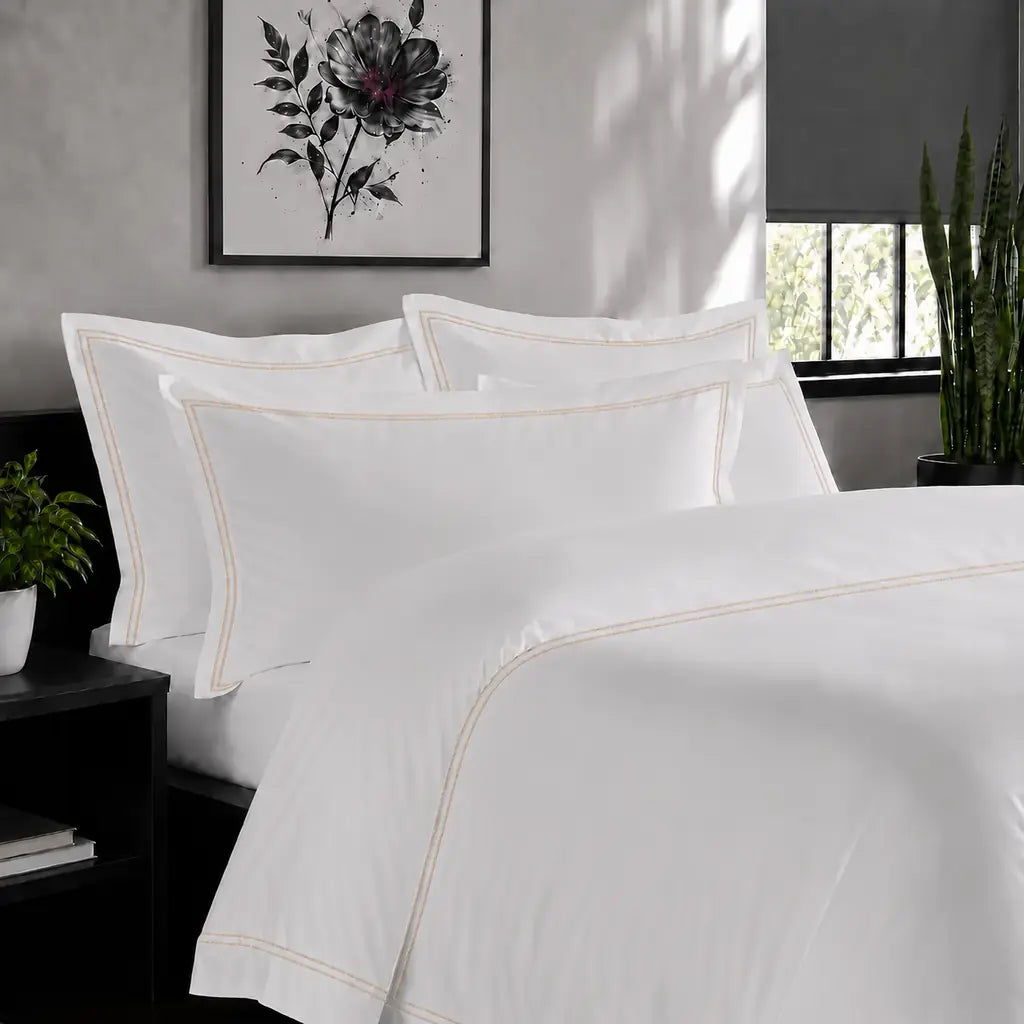 White Cotton 300TC Oxford duvet cover set with two row stone satin stitch — alternate lifestyle view — Linen & Co