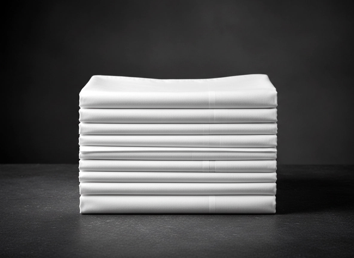 White flat sheets neatly folded on dark surface, premium hospitality bed linen by Linen and Co