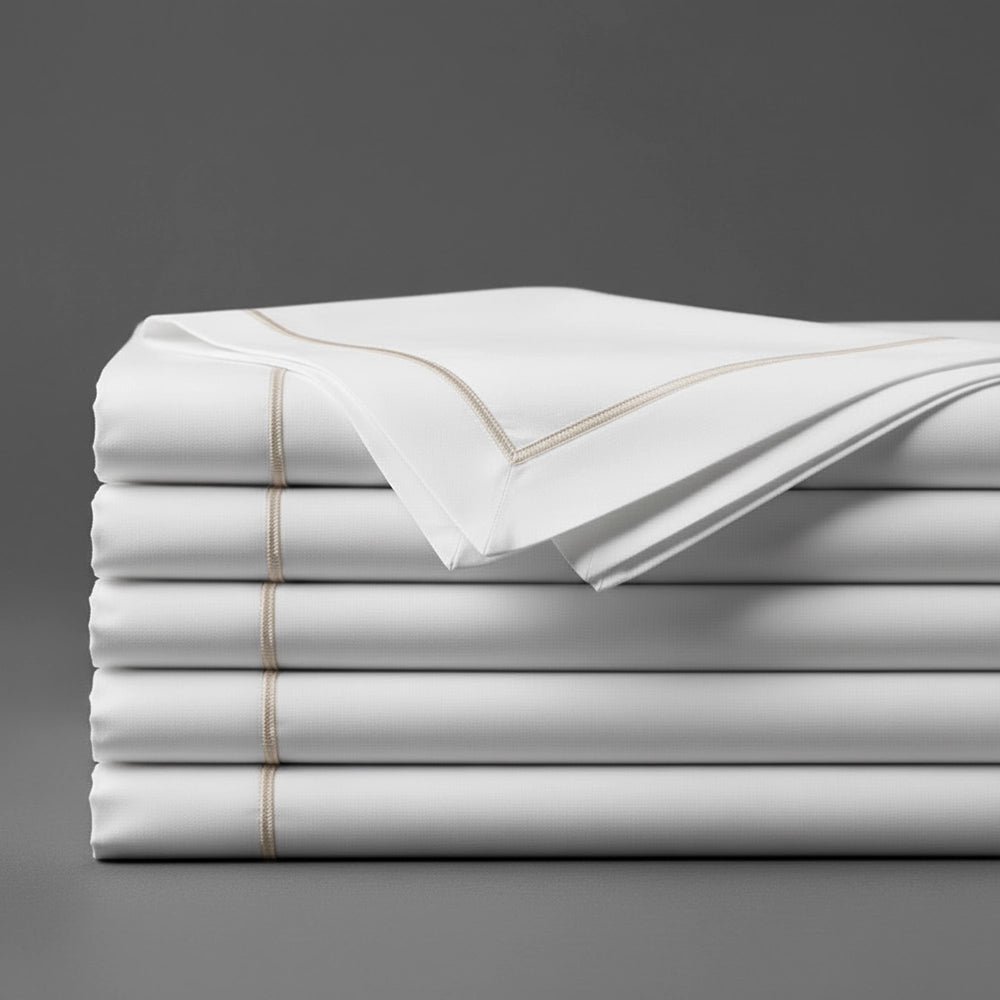 White Flat Sheet with Stone Satin Stitch by Linen and Co - premium bed linen