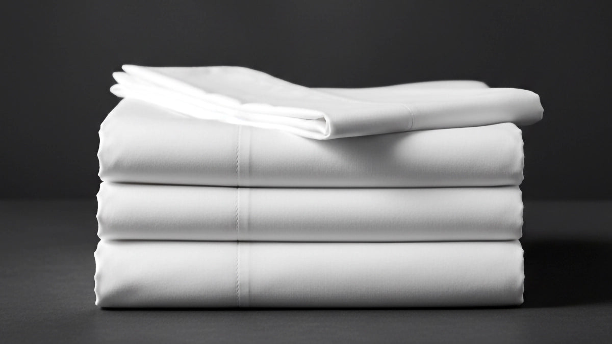 Stack of white folded bed linen in polycotton percale 200TC on dark surface, premium hospitality bedding by Linen and Co
