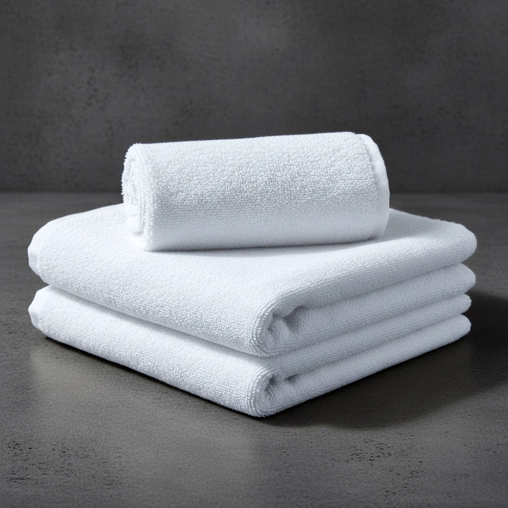 White Glodina snag-free bath towels stacked - premium hospitality bath linen by Linen and Co