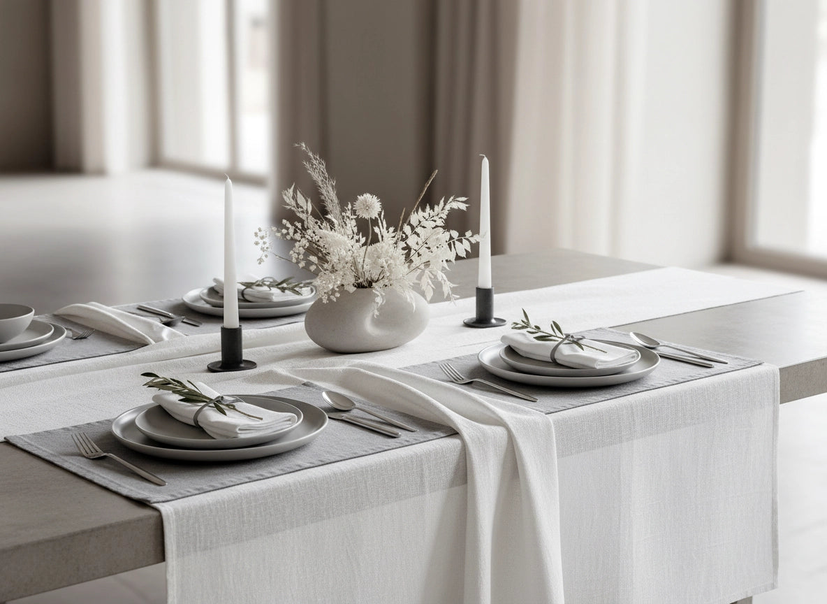 White hospitality table linen styled on a minimalist dining table setting, luxury hotel-quality tablecloth by Linen and Co.