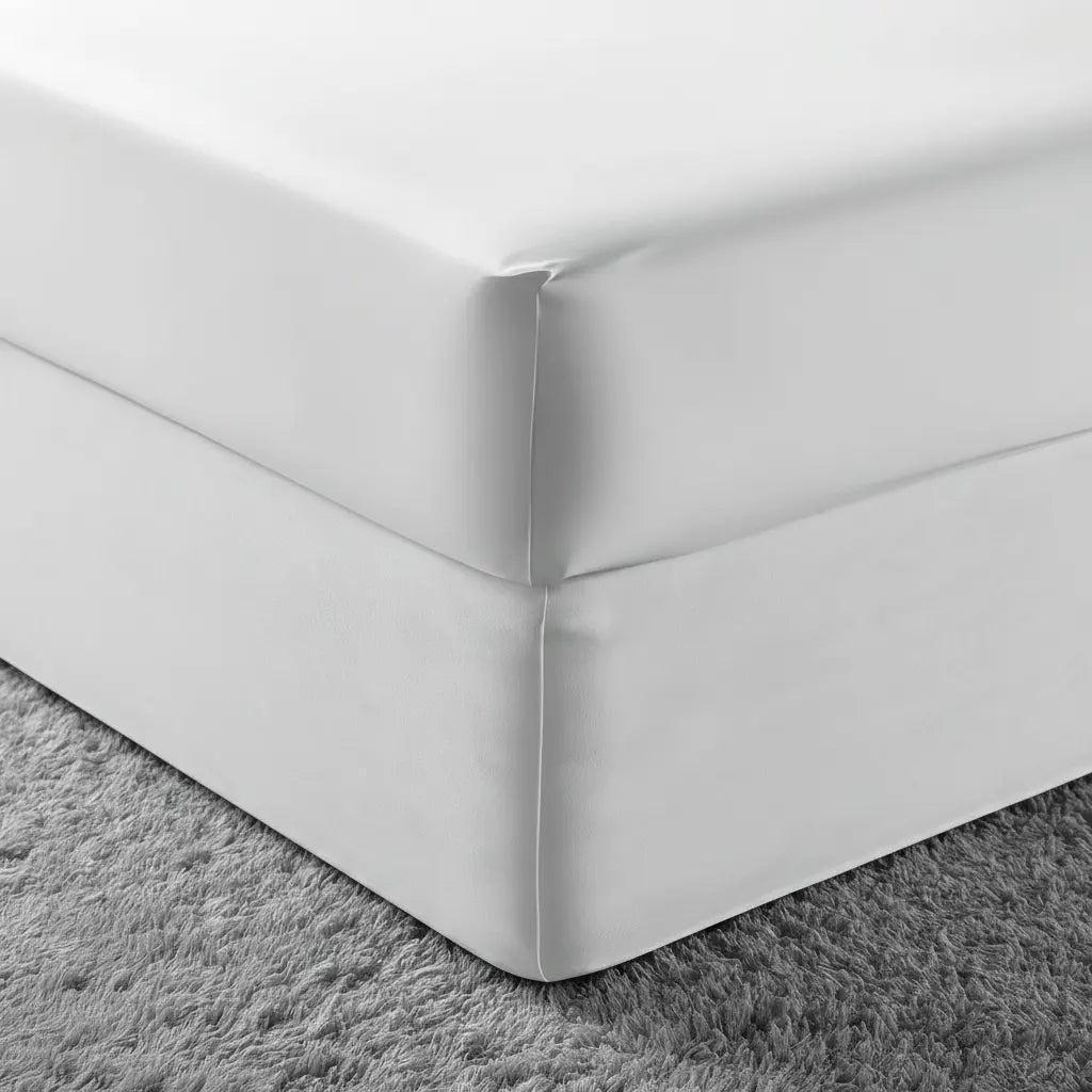 Linen and Co white mock suede base wrap fitted to a bed base with a tailored finish