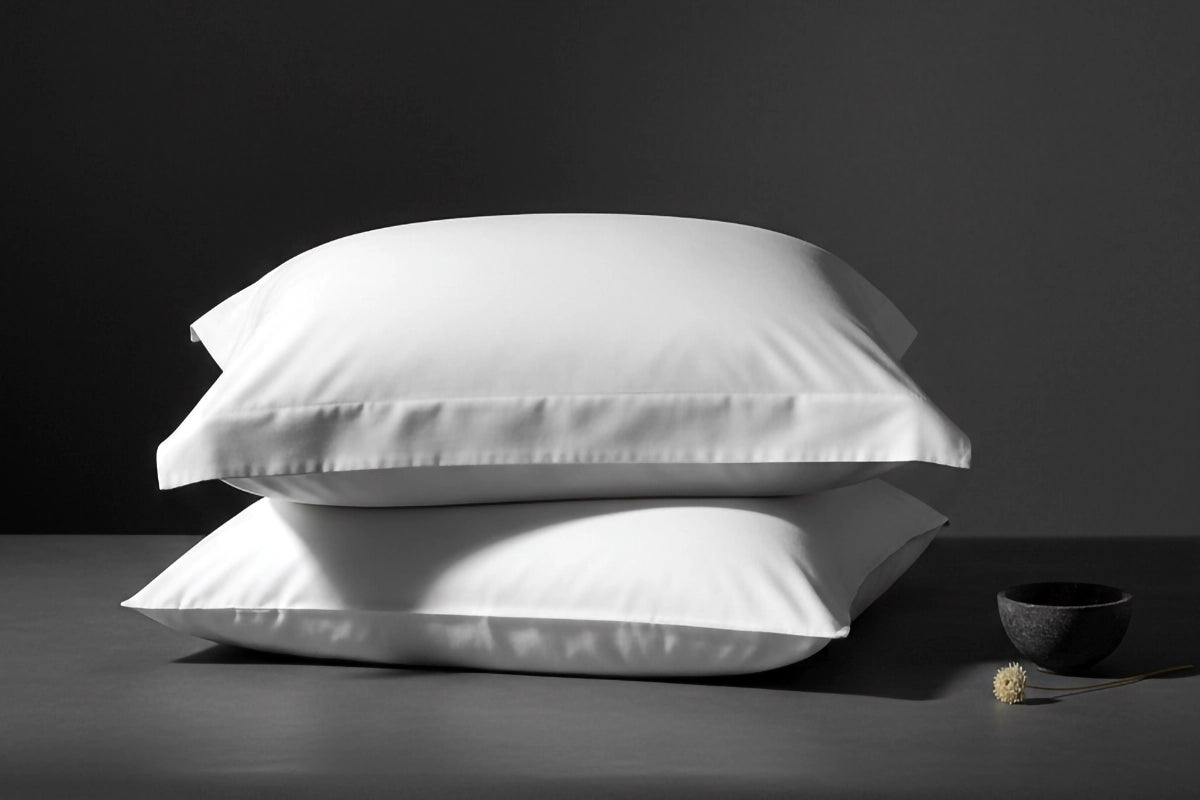 Two white Oxford pillowcases stacked on dark surface, premium hospitality bedding by Linen and Co