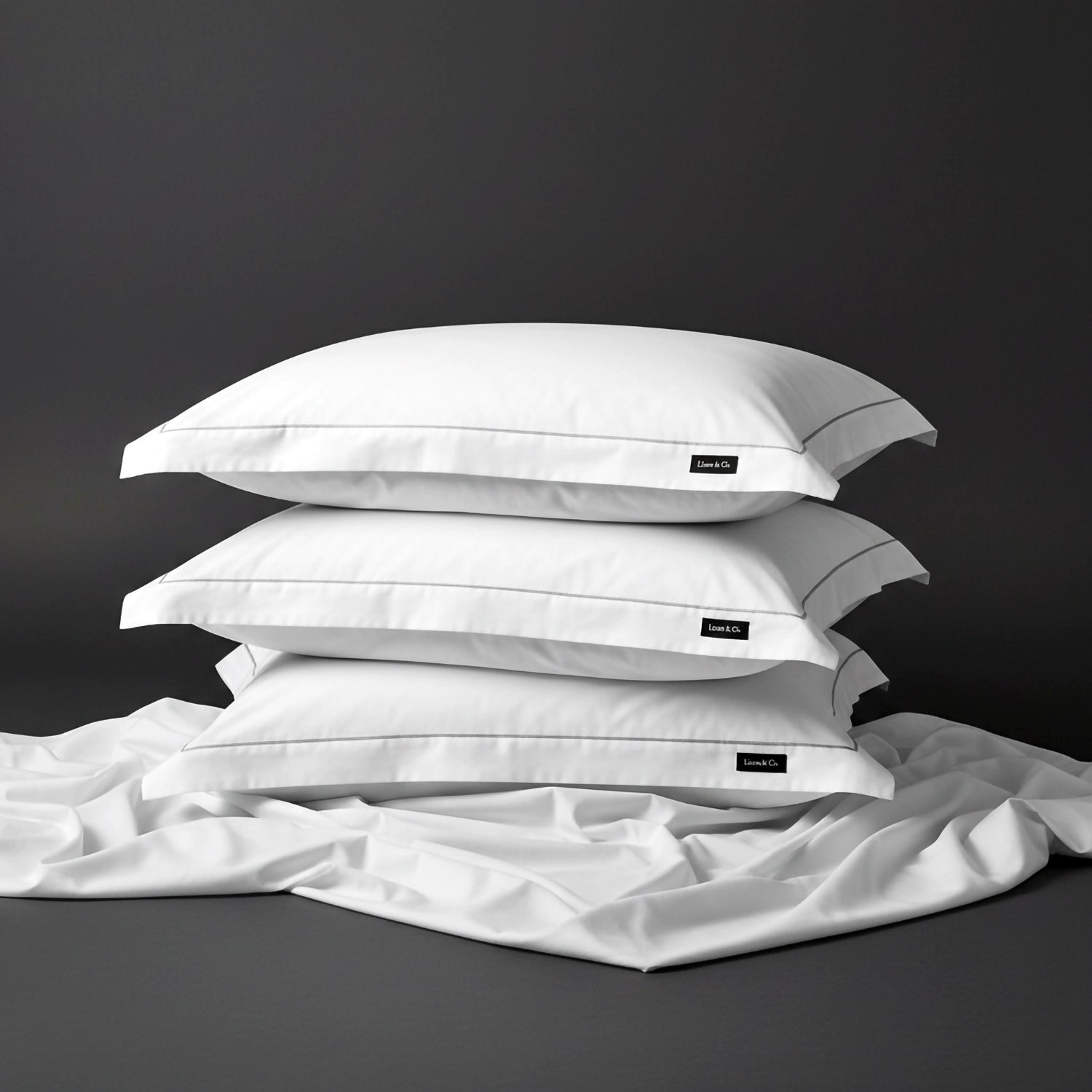 White oxford one row satin stitch cotton percale 300TC pillowcases by Linen and Co, stacked to showcase crisp, durable hospitality-grade bed linen.