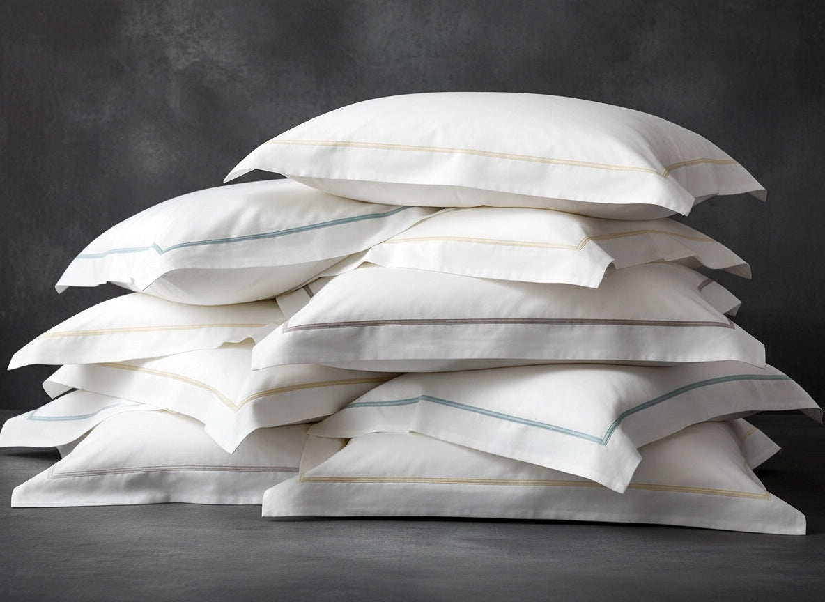 Stack of white oxford satin stitched premium Linen and Co percale pillowcases.