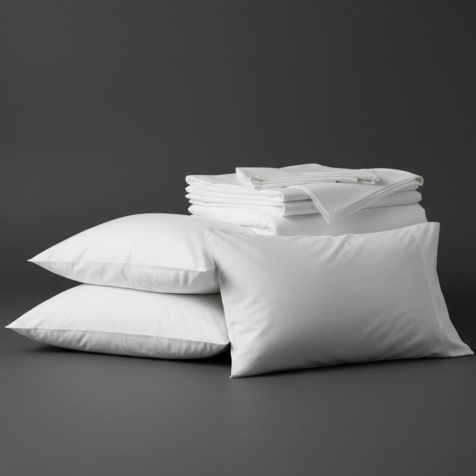 White percale bed linen and pillowcases by Linen and Co, stacked to showcase crisp, premium bedding for hospitality and home.
