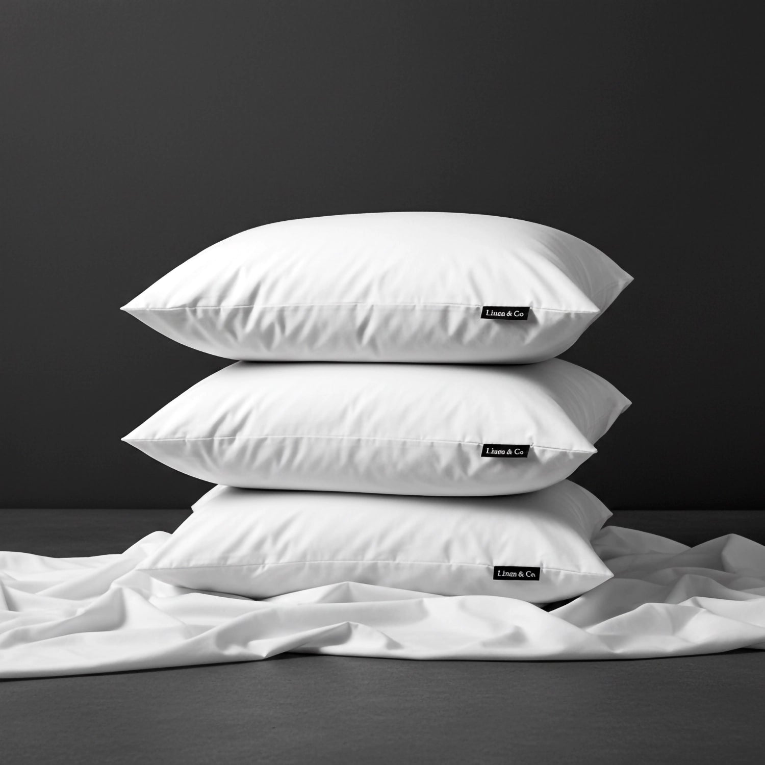 White polycotton percale 200TC pillowcases by Linen and Co, stacked to showcase crisp, durable hospitality-grade bed linen.