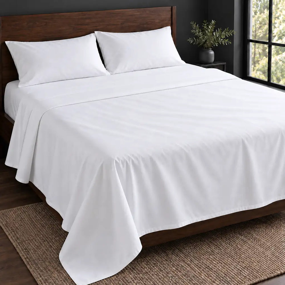 white polycotton percale 200tc flat sheet, plain no satin stitch — hero — Linen and Co