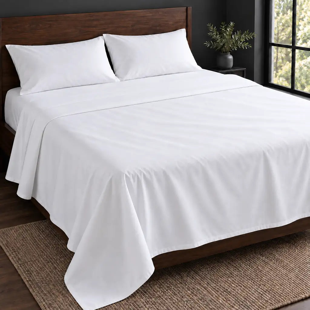 white polycotton percale 200tc flat sheet, plain no satin stitch — hero — Linen and Co