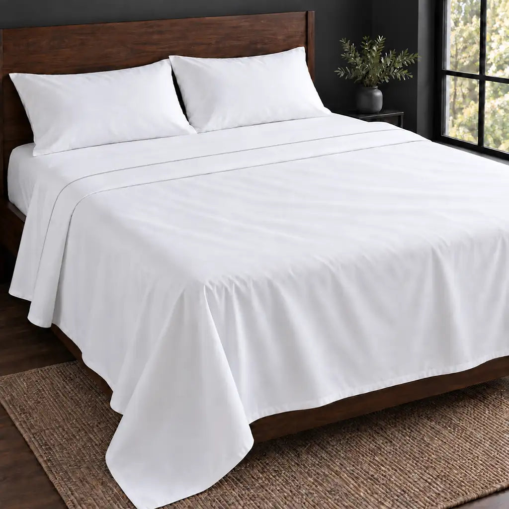 white polycotton percale 200tc flat sheet, one row grey satin stitch — hero — Linen and Co