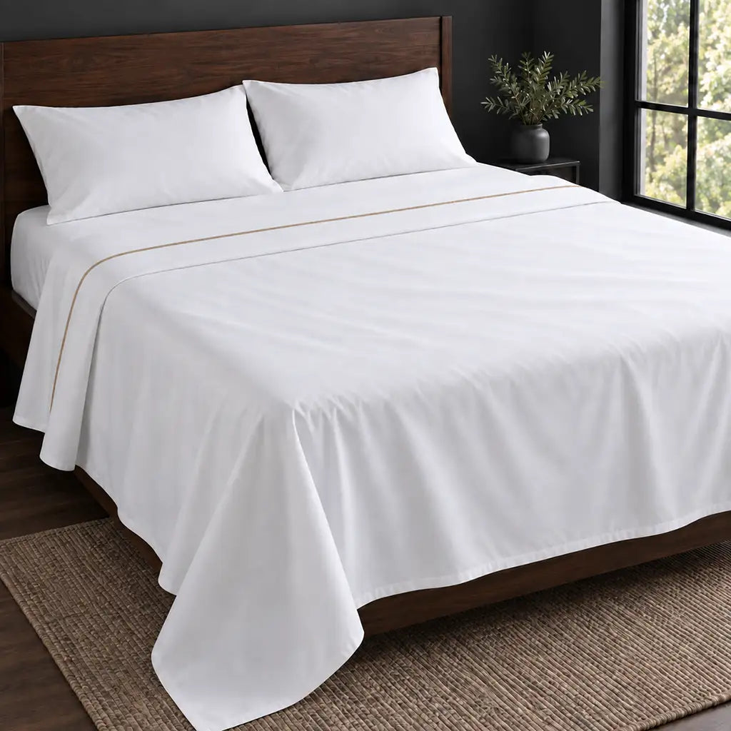 white polycotton percale 200tc flat sheet, one row stone satin stitch — hero — Linen and Co
