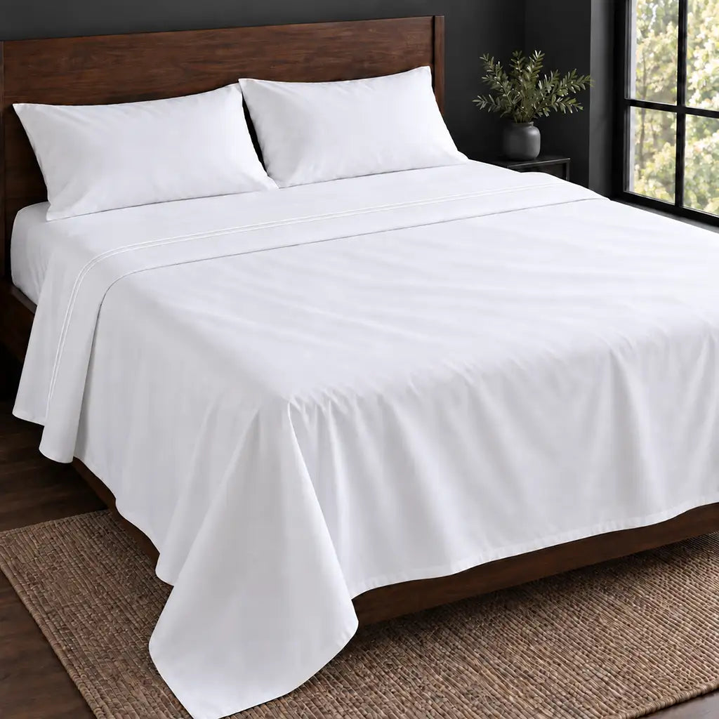 white polycotton percale 200tc flat sheet, two row white satin stitch — hero — Linen and Co
