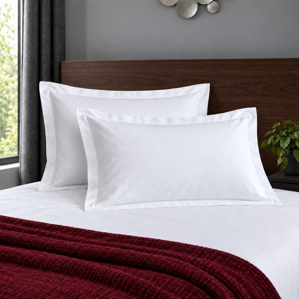 Oxford white 200TC polycotton percale pillowcases with no satin stitch border by Linen and Co