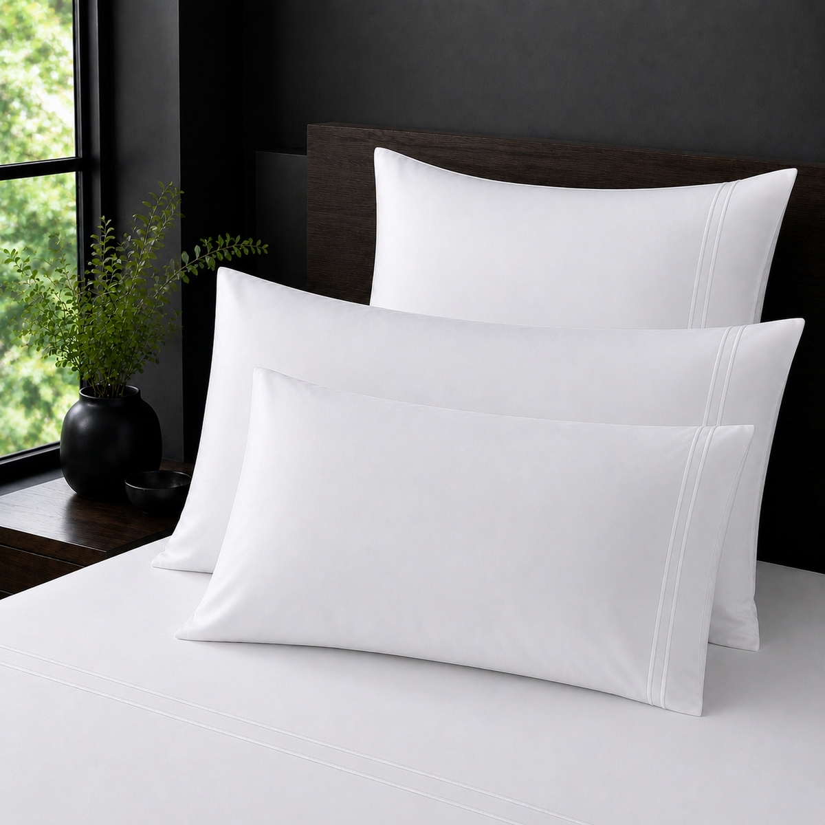 White Polycotton Percale 200TC pillow cases with white two row satin stitch - on the bed - Linen and Co