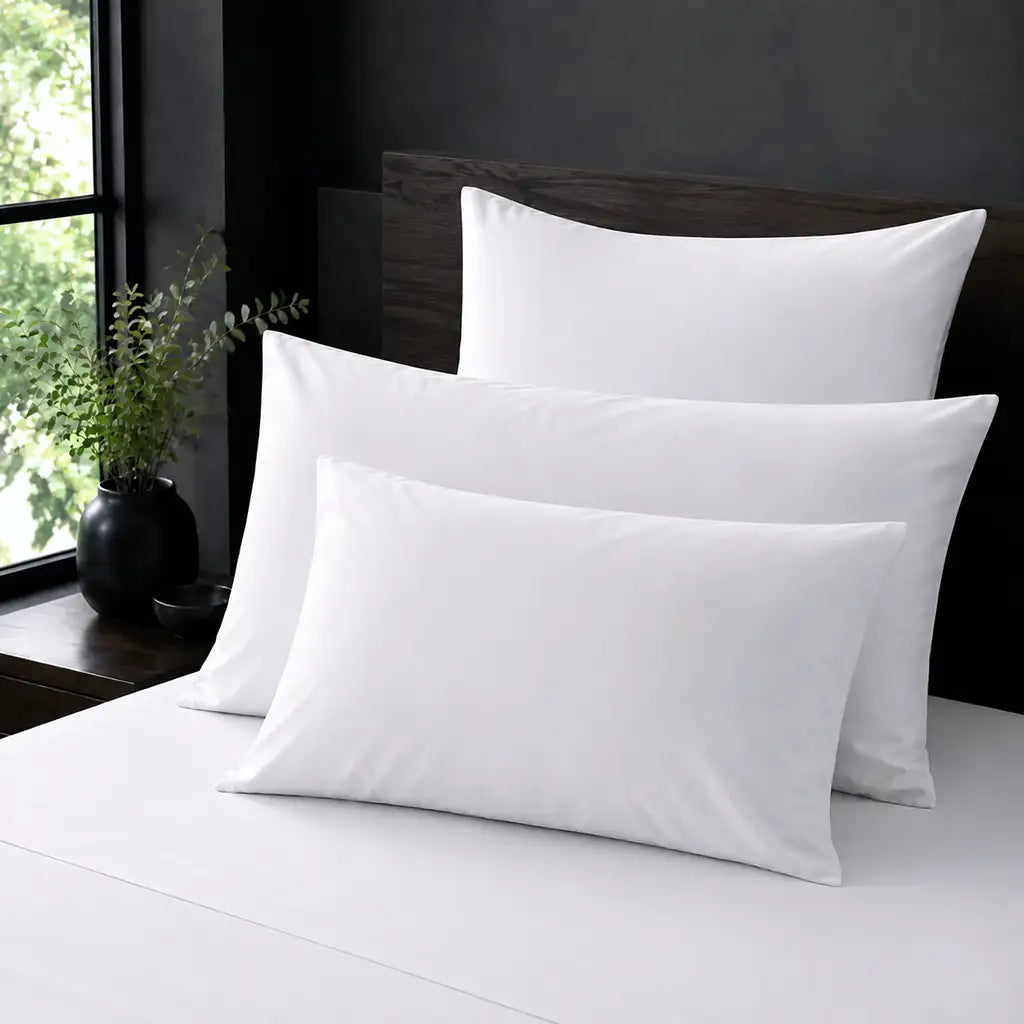 White Polycotton Percale 200TC standard, king and continental pillow cases plain with no satin stitch - on the bed - Linen and Co