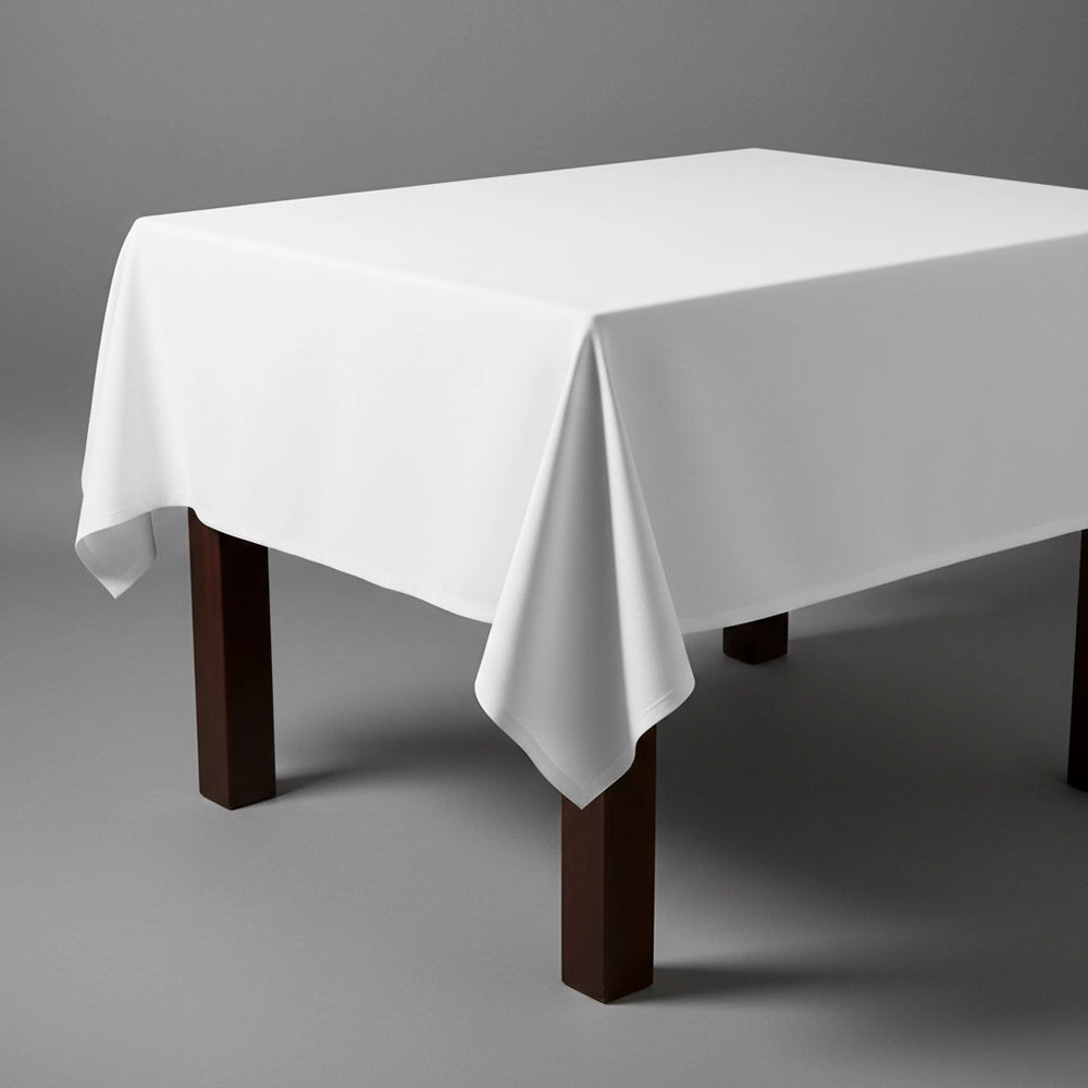 White square table cloth on wooden table by Linen and Co - premium hospitality table linen