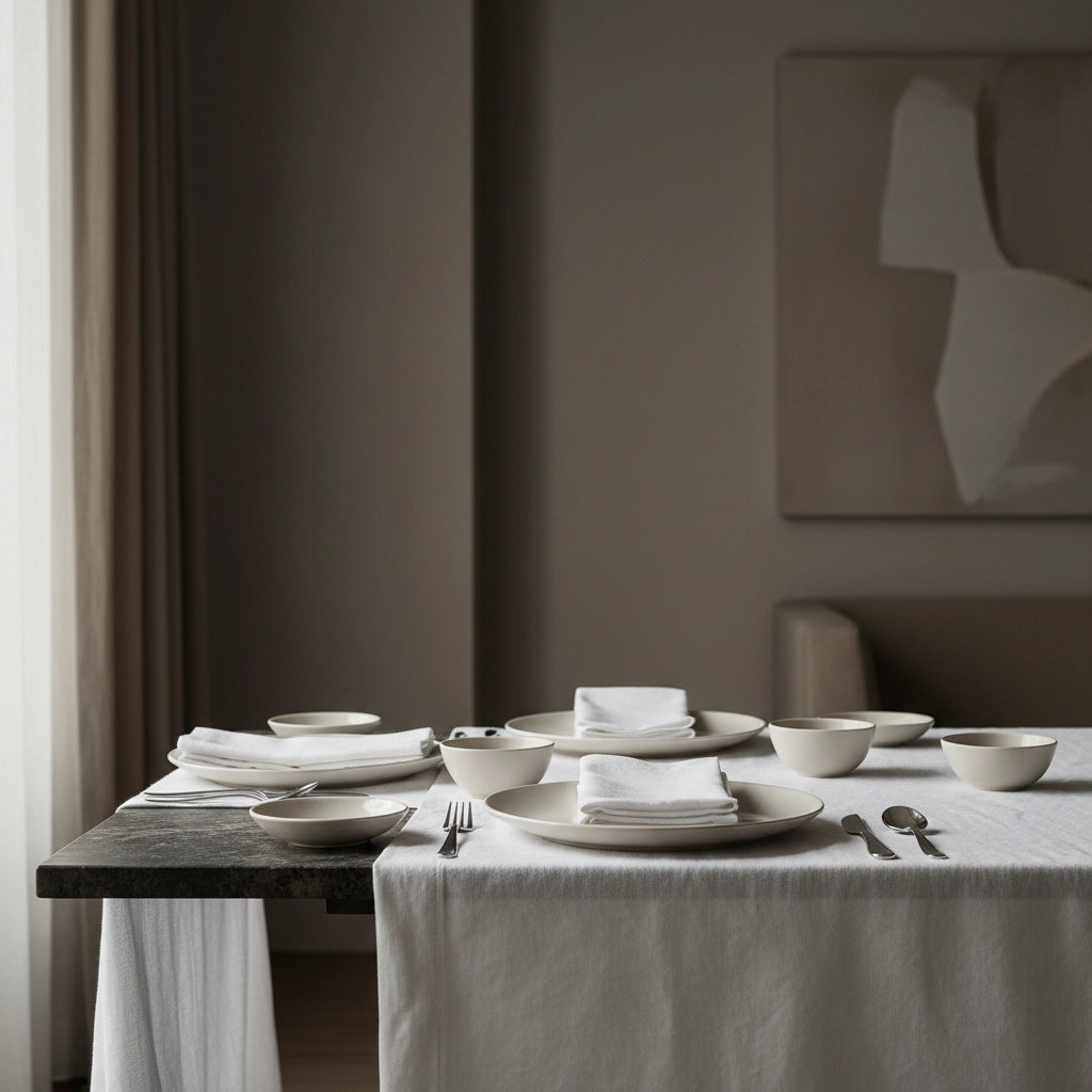 White table linen with place settings and dinnerware by Linen and Co - custom sizing guide for luxury dining textiles