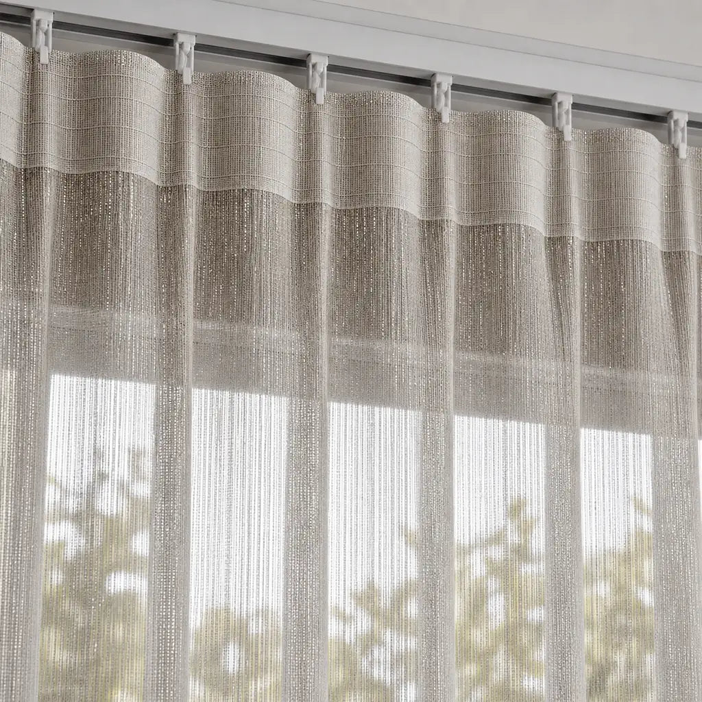 Close-up of Whittaker Sand sheer taped curtain fabric by Silk House for Linen & Co