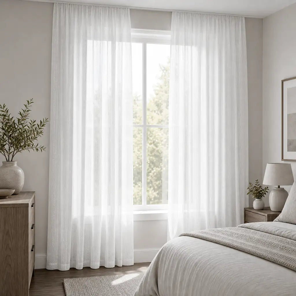 Close-up of Whittaker White sheer taped curtain fabric by Silk House for Linen & Co
