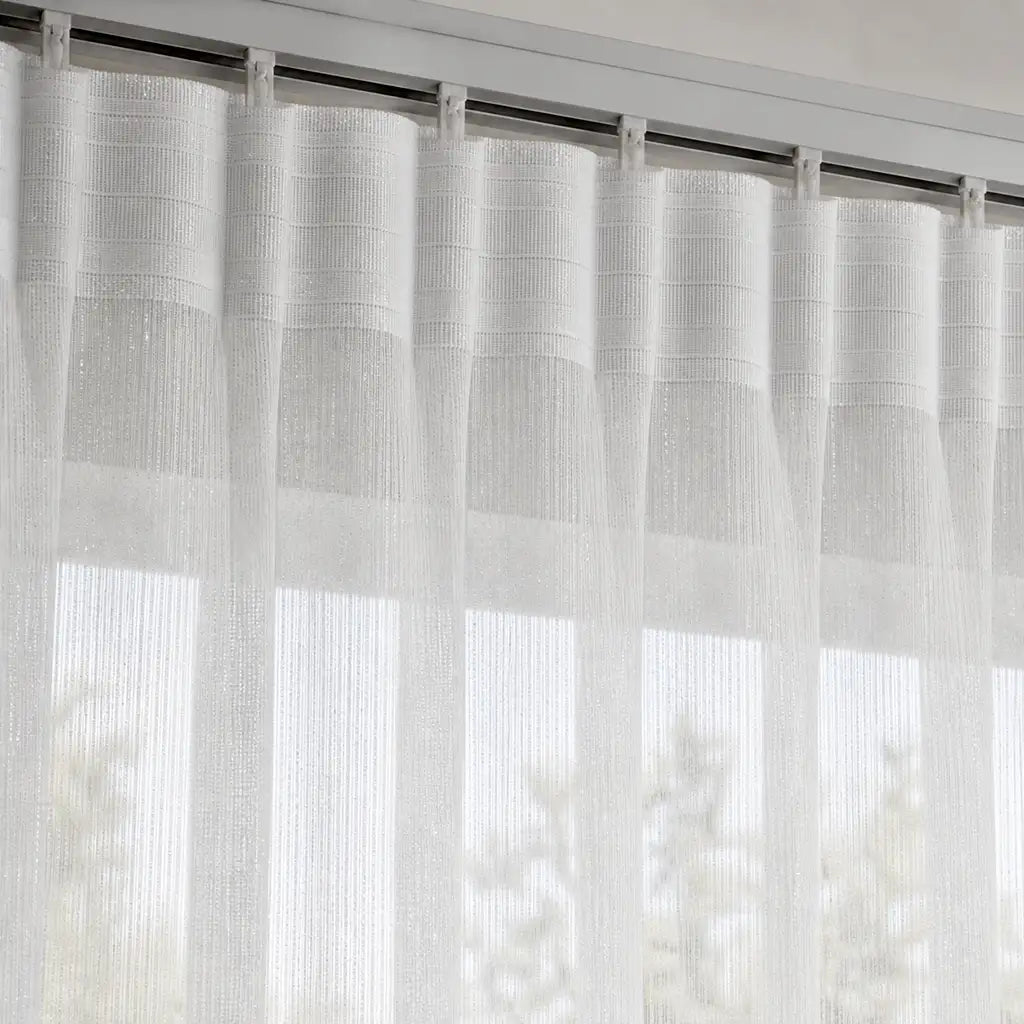Close-up of Whittaker White sheer taped curtain fabric by Silk House for Linen & Co