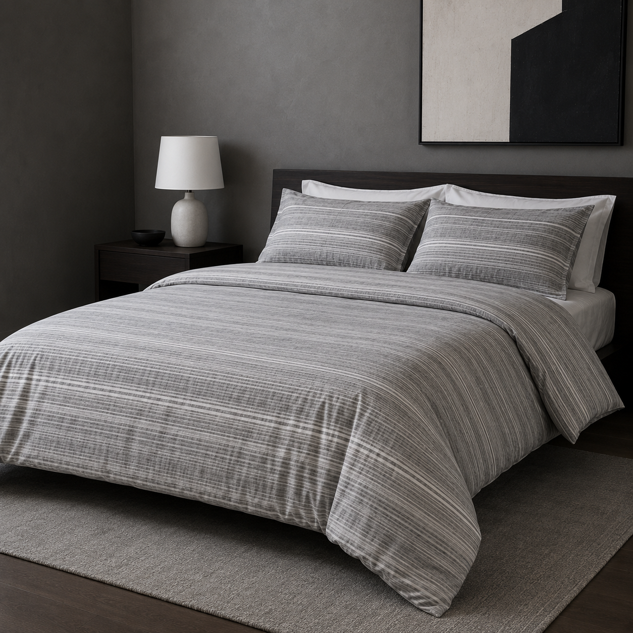 Willoughby Grey cotton duvet cover set styled on a bed