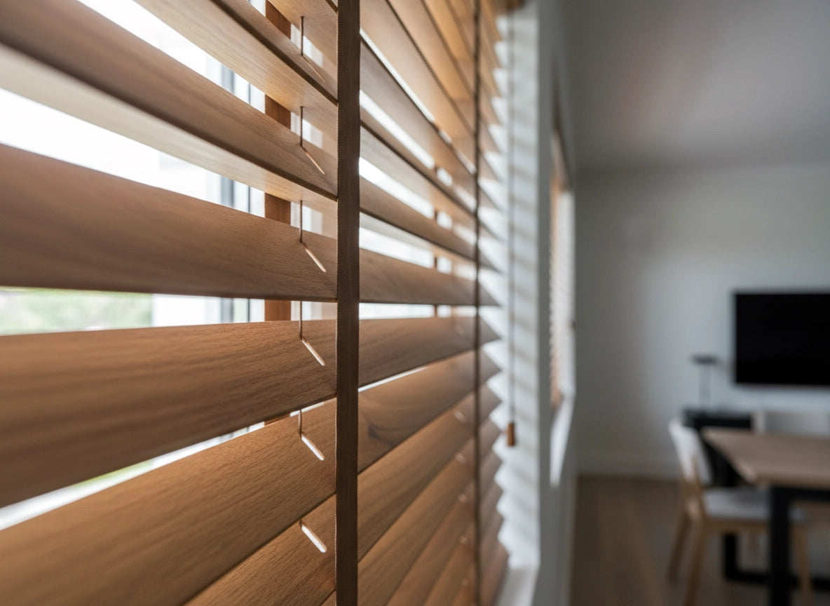 Close-up of wooden venetian blinds in modern interior, designed for light control and privacy by Linen and Co