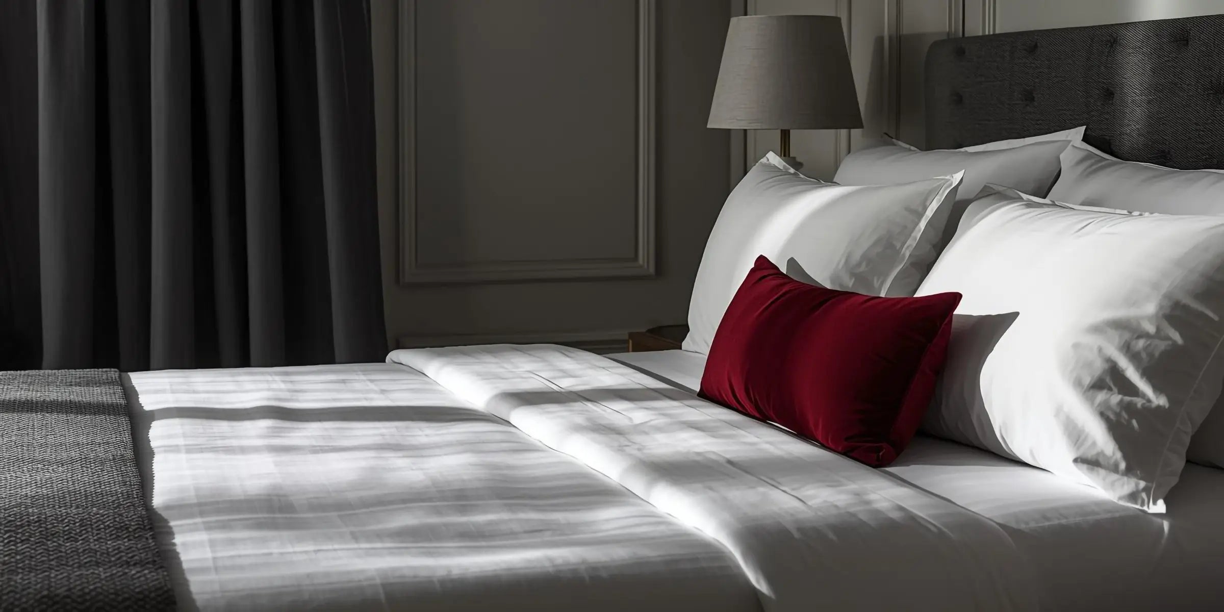 White bed linen with a red scatter cushion by Linen and Co